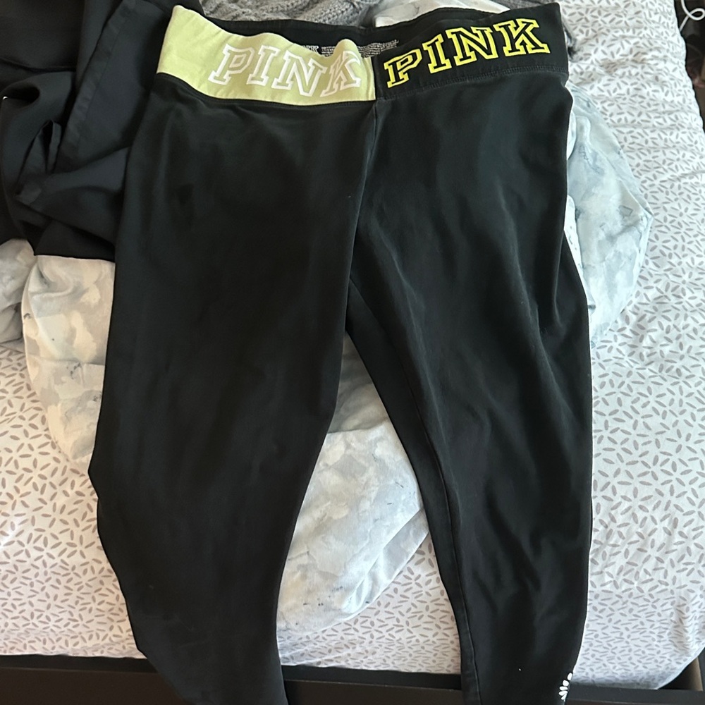 PINK Victoria's Secret Black Leggings with Yellow and White Logo